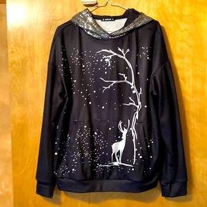 Brand new hoodie with woods/ deer scene silver sequin